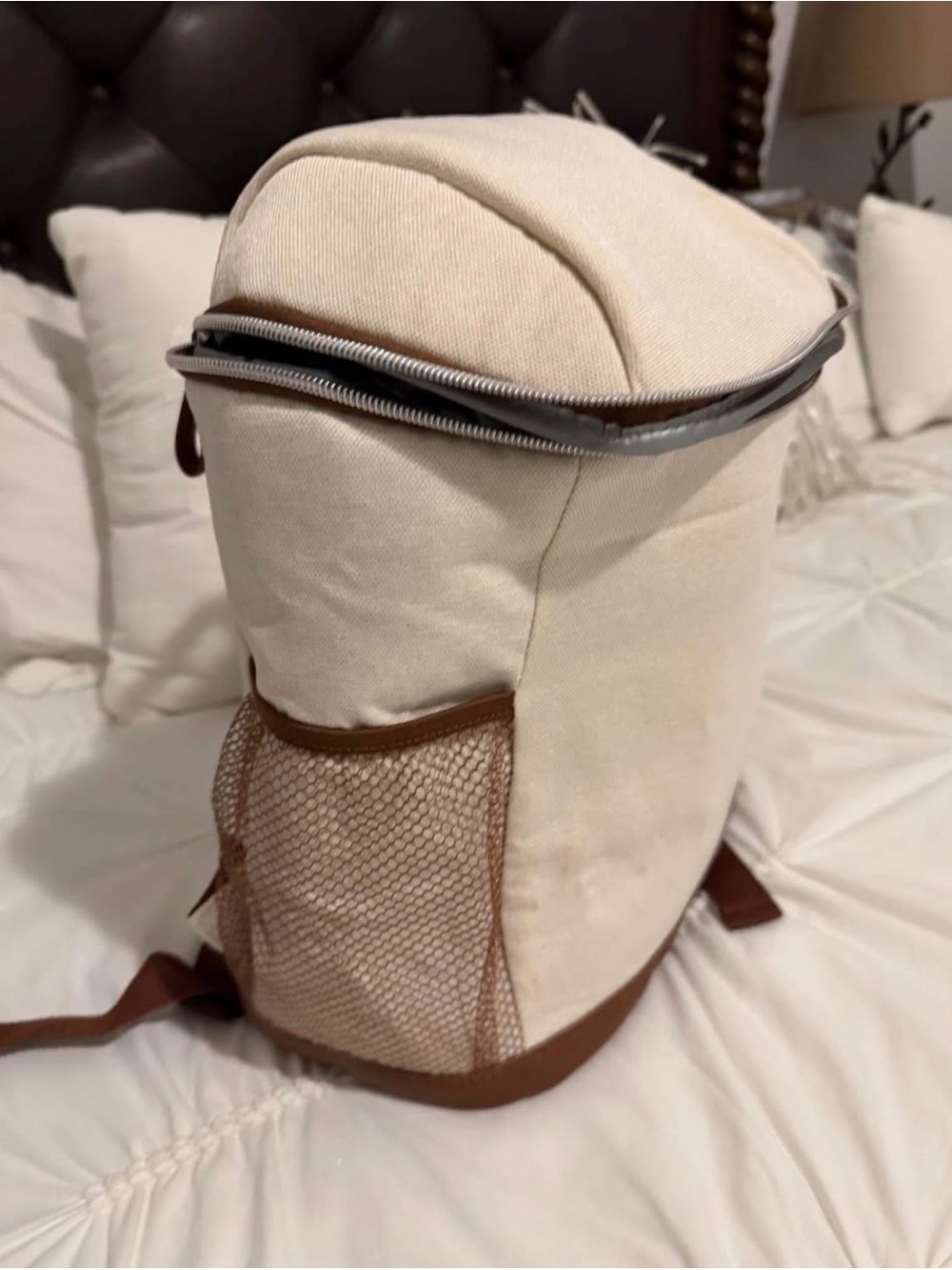 Canvas Casual Cooler Backpack in Cream with Brown Trim
